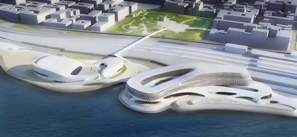 Reggio Calabria, il progetto Regium Waterfront in un render dello studio Zaha Hadid Architects