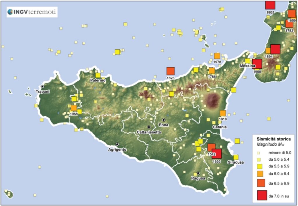 Mappa del rischio sismico in Sicilia