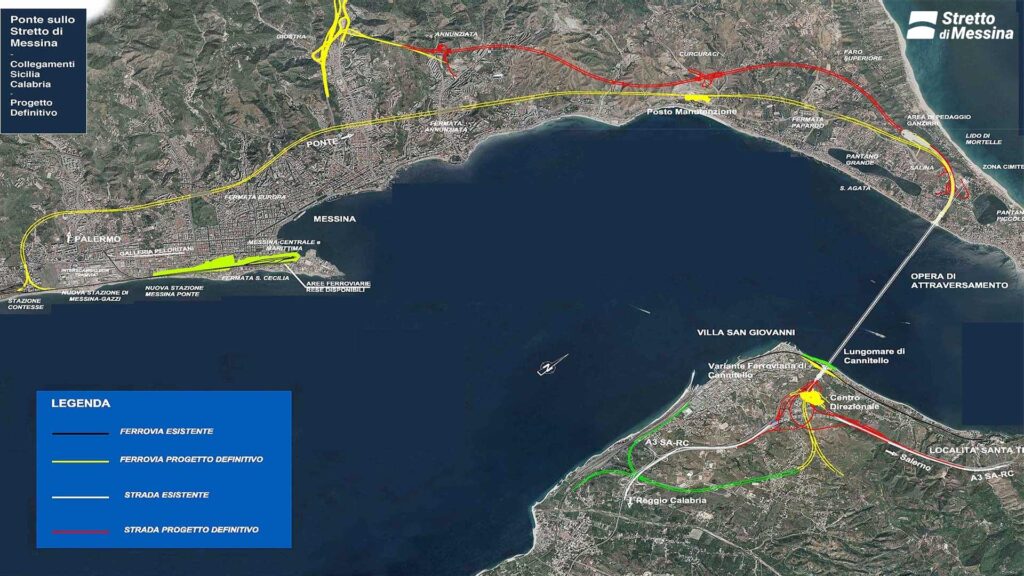 Mappa dei collegamenti tra Sicilia e Calabria che verranno realizzati con la costruzione del Ponte sullo Stretto