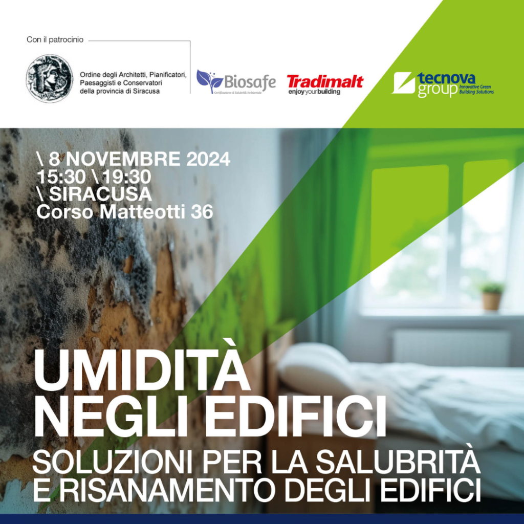 Locandina del convegno "Umidità negli edifici – Soluzioni per la salubrità e risanamento degli edifici"